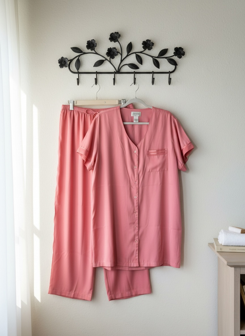 Cabernet Sleepwear Pink Button-Front Short Sleeve Pajama Set with Pants Size L